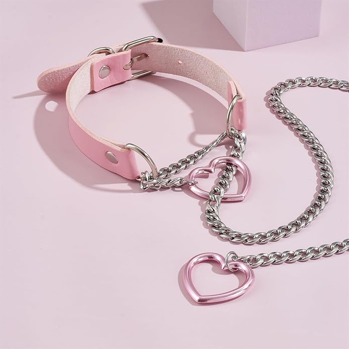 Leather Choker Slip Chain Necklace Stainless Steel Cuban Link Long Necklaces Gothic Punk Heart Chain Necklace Handmade Collars for Women