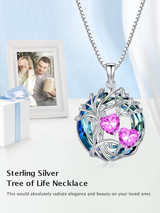 TOUPOP s925 Sterling Silver Family Celtic Tree of Life Pendant Necklaces with 2 Heart Birthstone with Blue Austrian Crystal Jewelry Birthday Anniversary Christmas Gifts for Her Wife Girlfriend Mom (18K Real White Gold Filled)