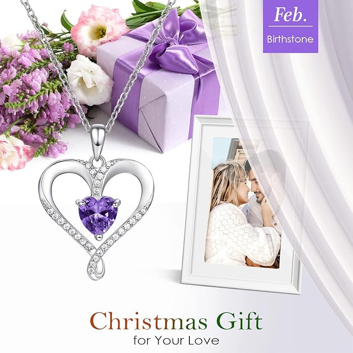 Birthstone Necklace for Women, 18K White Gold Heart Necklace Filled 925 Sterling Silver, Diamond Womens Jewelry Christmas Gifts for Women Wife