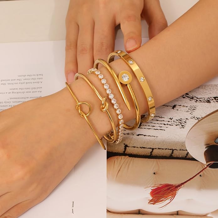 FAFUGA 18 K Gold Plated Love Bangle Bracelet Stack Cuff Jewelry for Women Jewelry Set for Women Gift with Box