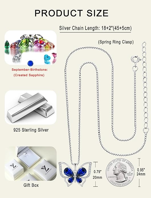 YL Women's Butterfly Necklace 925 Sterling Silver Flower Rose Pendant Birthstone Halo Jewelry