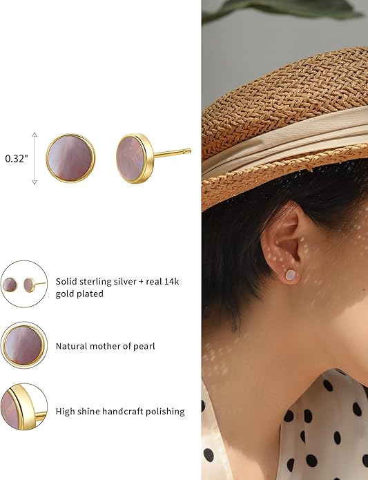 S.Leaf Gold Stud Earrings for Women 925 Sterling Silver Hypoallergenic Mother of Pearl Shell Stud Chain Earrings Friendship Jewelry Gifts for Women Her
