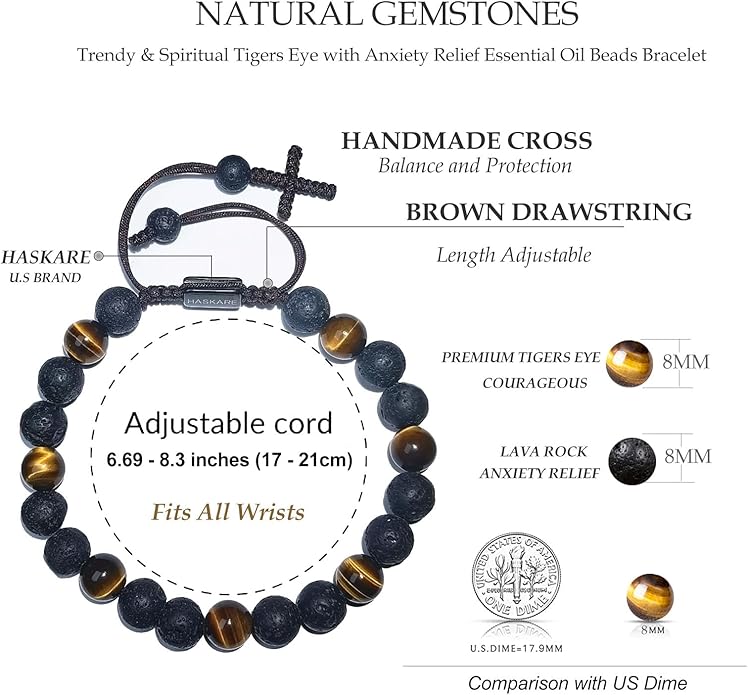 HASKARE Triple Protection Crystal Bracelets for Men, Premium Tiger Eye Bracelet Lava Healing Bracelet Fathers Day Gift, Handmade Cross Stress Relief Beads Bracelets Mens Jewelry Gift for Dad Grandpa