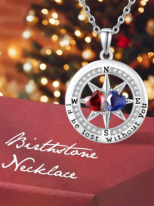 Compass Birthstones Necklace for Women, Exquisite Anniversary Birthday Gifts for Wife Her Double Birthstone Pendant jewelry ‘I'd be Lost Without You’