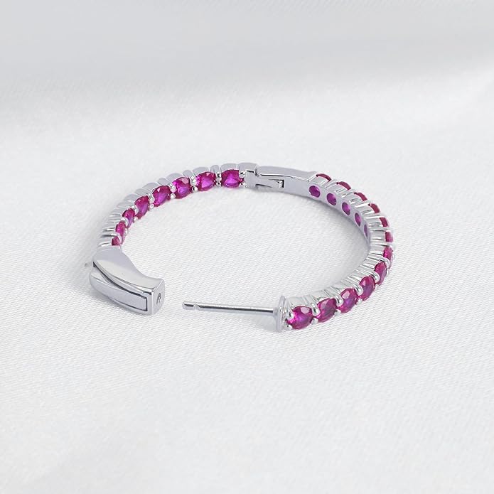 Hoop Earrings with 40 Colored Gemstones, Birthstone Earrings, 925 Sterling Silver Rhodium Plated, Push Back Closure, 1.18'