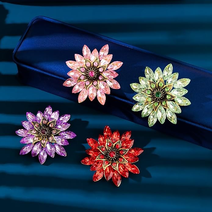 Sparkling Rhinestone Flower Brooch Pin Fashion Crystal Sunflower Brooch Floral Lapel Pins Red/Green/Purple/Pink Crystal CZ Broochs Large Flower Pin Clothes Hat Bag Dress Broochs Wedding Bridal Jewelry for Women