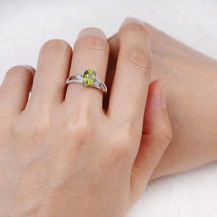 925 Sterling Silver Oval Shaped 8X6 MM Gemstone Ring Leaf Engagement Ring for Women Jewelry