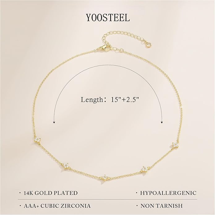 Yoosteel Dainty Gold-plated Clover Pearl Heart Butterfly Star flower Choker Necklace for Women - 14K Gold Plated Cubic Zirconia Pendant Station Necklaces for Women Teens Trendy Prom Jewelry Gifts