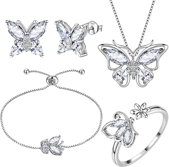 Aurora Tears Butterfly Jewelry,Women 925 Sterling Silver Butterflies Birthstone Pendant Necklace/Earrings/Rings Wedding Gift