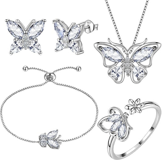 Aurora Tears Butterfly Jewelry,Women 925 Sterling Silver Butterflies Birthstone Pendant Necklace/Earrings/Rings Wedding Gift