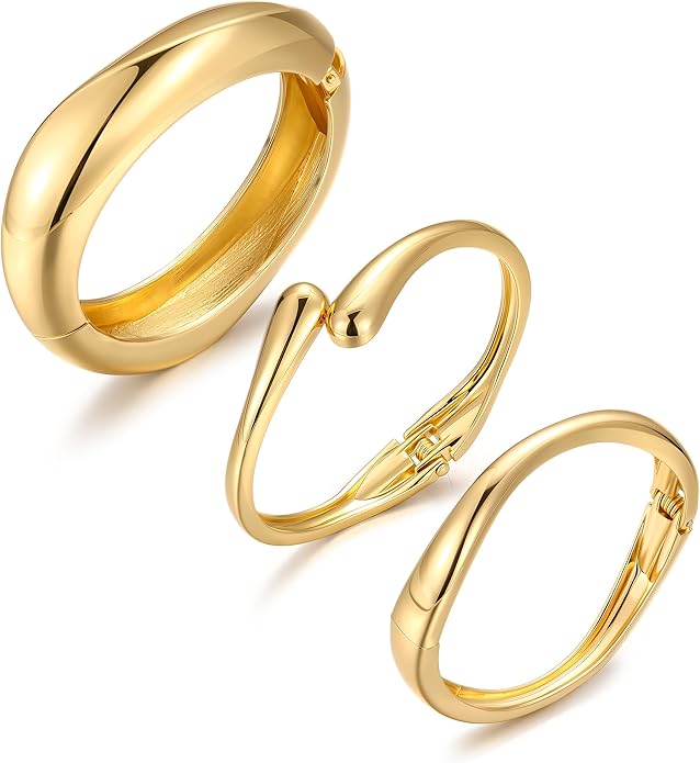 Chunky Gold Bangle Bracelets for Women, Dainty 14k Gold Plated Big Stackable Bangles Set, Trendy Statement Cuff Bracelet Stack Fashion Jewelry Gifts