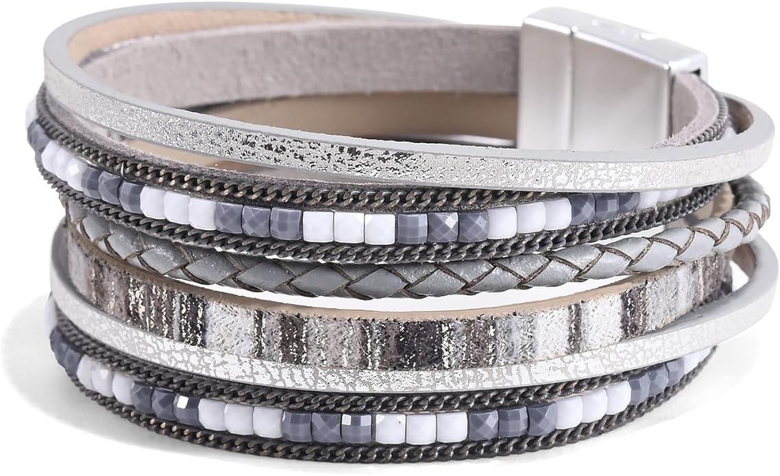 ENGCKSHI Wrapped Bracelets for Women,Leather Bracelet,Boho Bracelets for Women,Multi-Layer Pearl Crystal Bracelet Bangle Jewelry