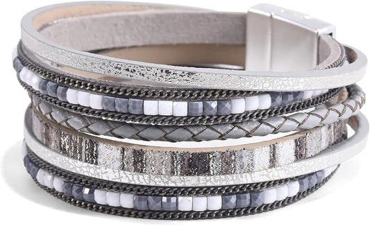 ENGCKSHI Wrapped Bracelets for Women,Leather Bracelet,Boho Bracelets for Women,Multi-Layer Pearl Crystal Bracelet Bangle Jewelry