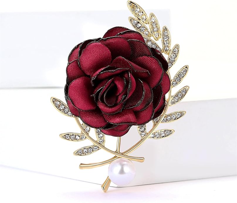 Dreuyet Rose Flower Brooch for Women Dainty Elegant Satin Fabric Flower Lapel Pins Vintage Pearl Camellia Crystal Pin Dress Suit Accessories Valentine's Day Wedding Bouquet Jewelry ﻿