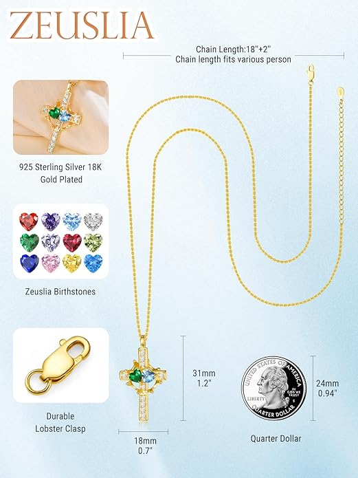 Zeuslia Double Birthstone Necklace Gifts for Wife - 925 Sterling Silver Sunflower/Rose/Crown Cross/Compass/Heart Pendant I Love You Necklace, Anniversary Birthday Gifts for Wife Girlfriend Mom Her