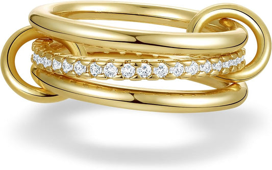 Gold Stackable Rings for Women, Non Tarnish 14K Gold Plated Cubic Zirconia Mixed Metals Stacking Connected Rings Set Jewelry Gifts