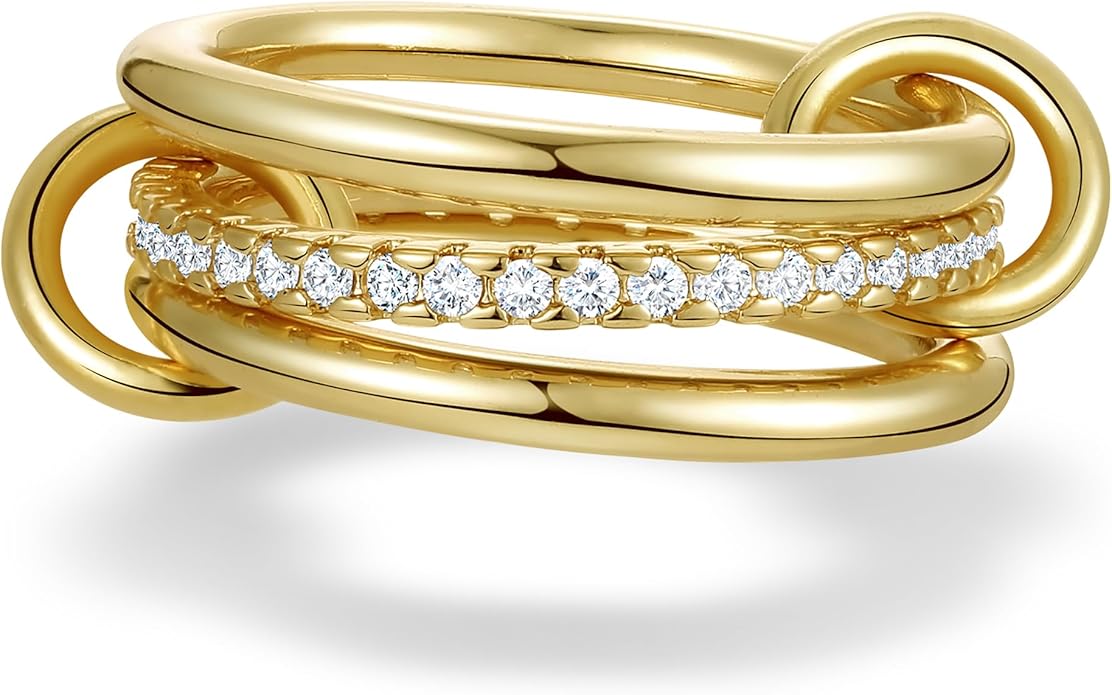 Gold Stackable Rings for Women, Non Tarnish 14K Gold Plated Cubic Zirconia Mixed Metals Stacking Connected Rings Set Jewelry Gifts