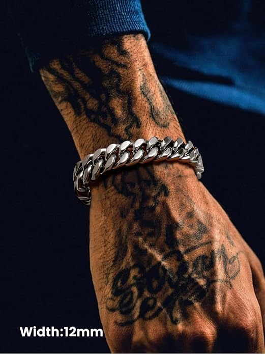 Bestyle Thick Mens Cuban Link Chain Bracelets, Durable Real 18K Gold/Black Metal Plated Solid Stainless Steel Hand Chain Cuban Bracelets for Men, Silver Black Gold Bracelets for Father Husband