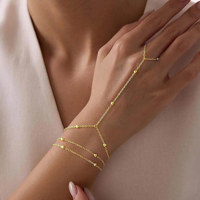 Yoosteel Hand Chain Bracelet for Women - Dainty 14K-Gold-Plated Finger Ring Hand Chains Layered Trendy Link Bracelets Jewelry Gifts for Women