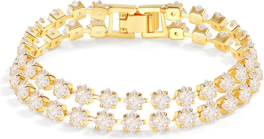 14K Gold Plated Tennis Bracelet for Women – Classic CZ Link Design, Fits 6.0"–7.2" Wrists – Stylish Sparkling Jewelry Gift, Timeless Tennis Bracelets for Women