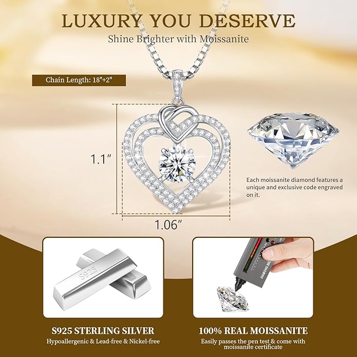 Moissanite Heart Necklaces for Women, 18K White Gold Plated 925 Sterling Silver 1-3CT Moissanite Pendant Jewelry Wedding Anniversary Birthday Christmas Gifts for Wife Mom Girlfriend Sister Grandma