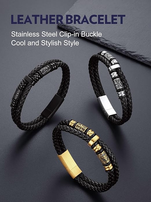 Bandmax Mens Black Double Wax Rope Cuff Bracelets Waterproof Stainless Steel Norse Style Celtic Knot Beads Bracelet Wristband Gift for Men