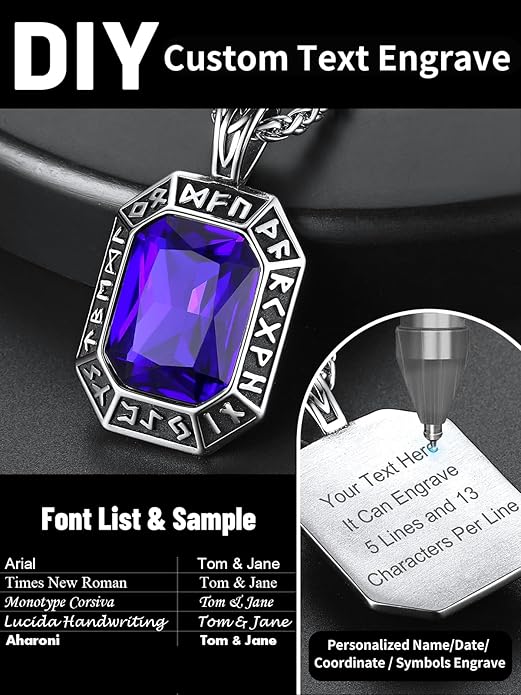 ChainsHouse Viking Rune Pendant Necklace for Men Women, Punk Biker Black Metal/316L Stainless Steel Onyx Norse Vintage Amulet Necklaces with Black/Red/Green/Blue Gemstone, Send Gift Box