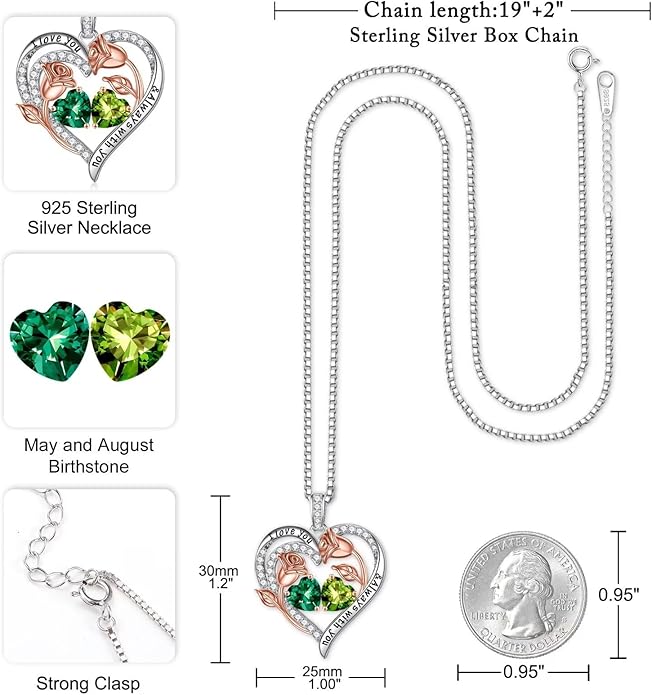 Iefil Birthstone Necklace for Women - 925 Sterling Silver Rose Heart Birthstone Necklace Birthday Anniversary Jewelry Gifts for Her Wife Mom Daughter