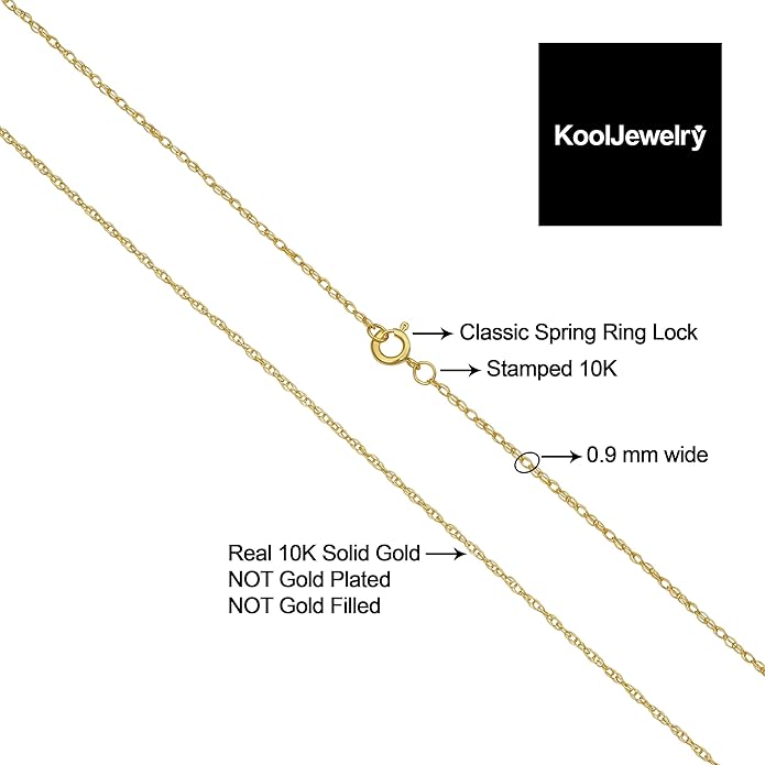 Kooljewelry Womens Classic Rope Chain - 10k Yellow Gold Barely-There Necklace, Thin Lightweight