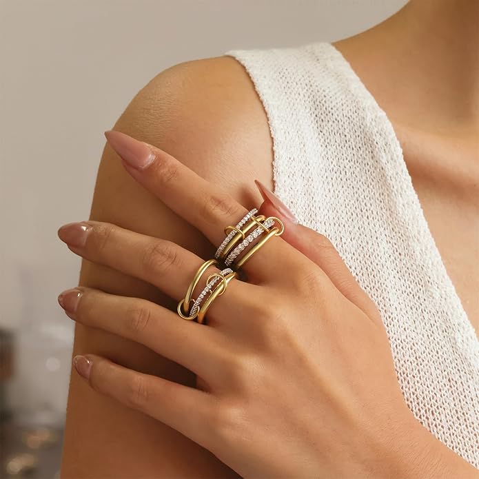 FUSAHURIY 2PCS Gold Stackable Rings Set for Women, 14K Gold Plated Interlocking Linked Rings with Cubic Zirconia, Gold Silver Mixed Metal Stackable Ring, Statement Jewelry Gifts