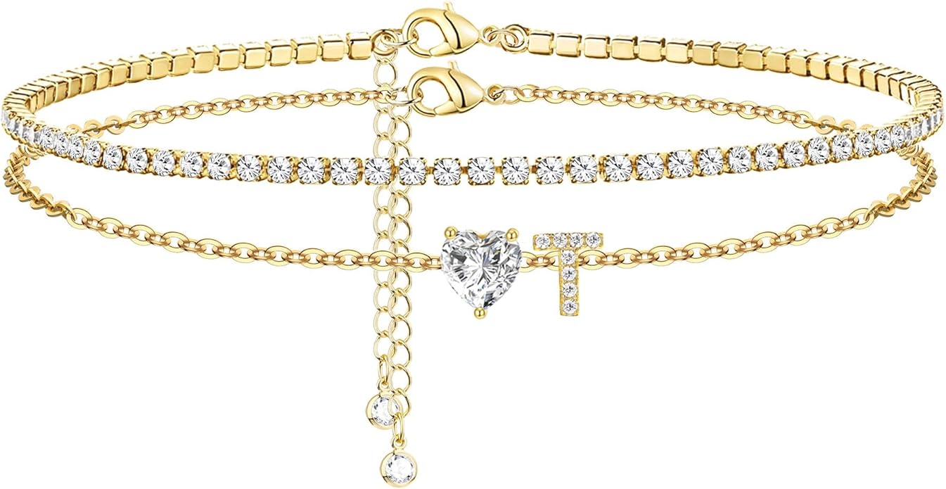 Gold Initial Ankle Bracelets for Women 14K Gold Plated CZ heart Tennis Anklets for Women Waterproof Layered Adjustable Letter Anklets Large Ankle Summer Beach Foot Jewelry