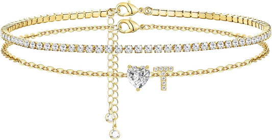 Gold Initial Ankle Bracelets for Women 14K Gold Plated CZ heart Tennis Anklets for Women Waterproof Layered Adjustable Letter Anklets Large Ankle Summer Beach Foot Jewelry