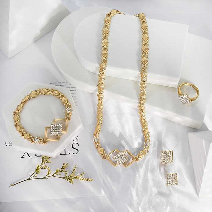 Gold Jewelry Sets for Women 18K Gold/Silver Filled Jewelry Necklace Set Wedding Bridal Fashion Jewelry Sets Women Accessories Bracelets Earrings and Rings Sweetheart Gifts