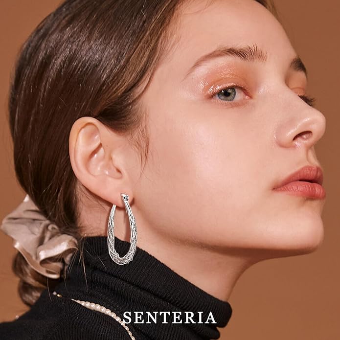 Senteria Sterling Silver Hoop Earrings - Medium, Lightweight, Thick Twist Oval Hoops