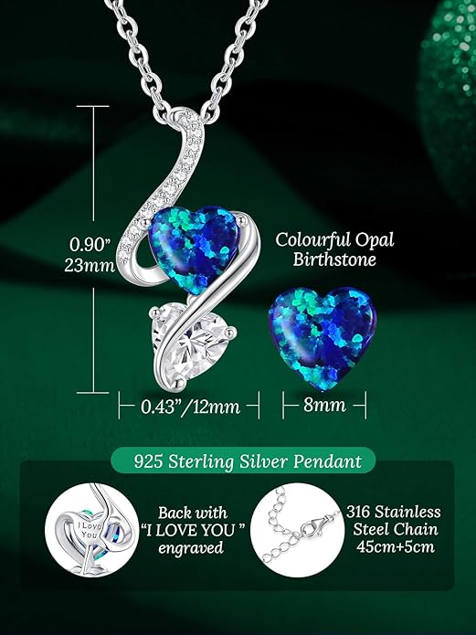LOUISA SECRET 925 Sterling Silver Opal Birthstone Necklace, Unique Tiny Double Heart Pendant Jewelry, Engraved with "S925 I Love You" Best Birthday Gift for Women Wife Girlfriend Mom Her, Christmas Day Valentine's Day Anniversary Mother's Day