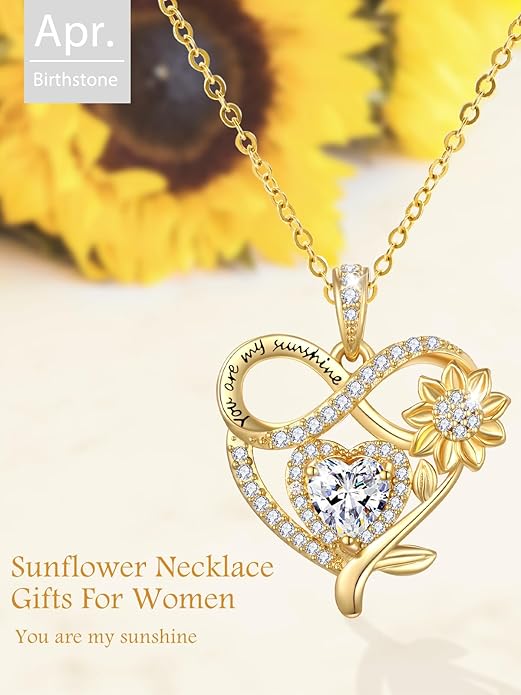 14K Gold Sunflower Heart Necklace for Women, You Are My Sunshine Jewelry with Birthstone Pendant, Anniversary Birthday Gifts for Her Wife Mom Grandma Daughter