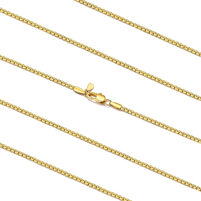 FaithHeart Mens Black/Silver/Gold Stainless Steel Flat Box Link Chain Necklace, Stylish 2/4/6/8mm Width Box Chains Necklaces for Men Non Tarnish Hip Hop Chain Jewelry Gifts,14"-30" Length
