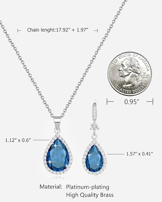 Sumonyo Women Jewelry Set Silver/Gold Plated Teardrop Pendant Necklace Dangle Drop Earrings Dangling Sets Birthstone Crystals Rhinestone,Birthday Anniversary Wedding Mother’s Day Gifts for Women