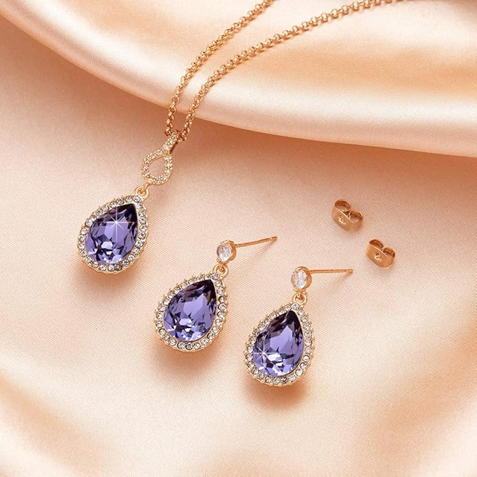 Austrian Crystals Teardrop Pendant Necklace Earrings for Women 14K Gold Plated Hypoallergenic Jewelry Set