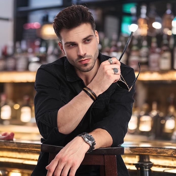 Italian Handmade Genuine Leather Bracelets for Men Stainless Steel Clip, Men's Casual Genuine Multi-layer Cuff Bracelet, Bracelet Gift for Real Men
