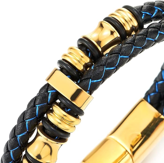 COOLSTEELANDBEYOND Mens Double-Row Braided Leather Bracelet Bangle Wristband with Stainless Steel Ornaments