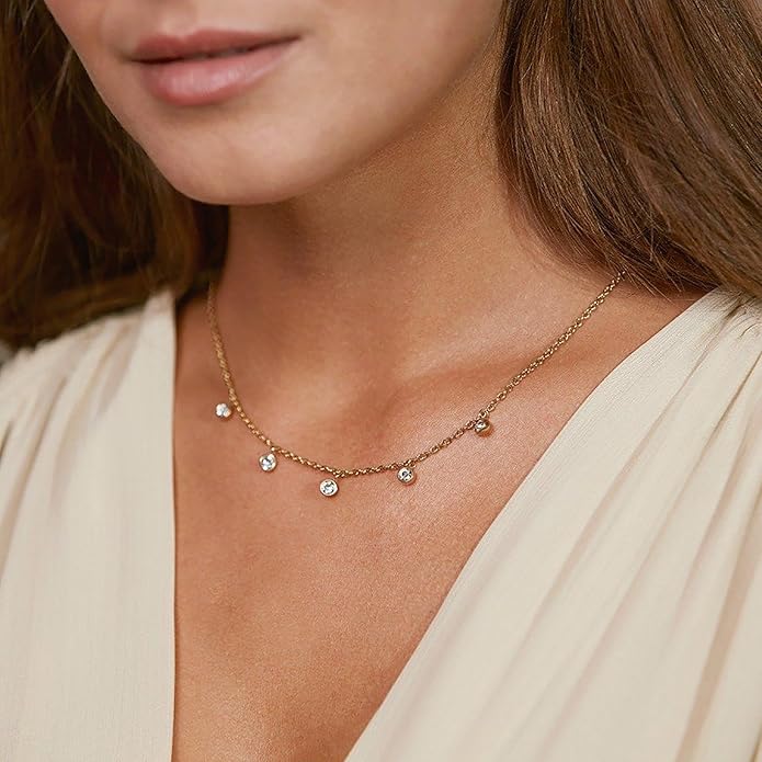 Dainty Gold Diamond Necklace for Women, 14k Gold Plated Diamond Station Choker Necklace for Women Daily & Minimalist, Gold Jewelry for Women