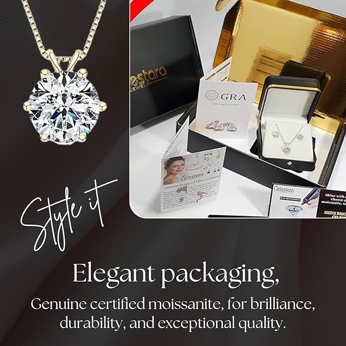 925 Sterling Silver Moissanite Jewelry Set - Classic European Design Necklace Earrings Set with Round Cut Moissanite Pendant - Adjustable Chain - Gift Box