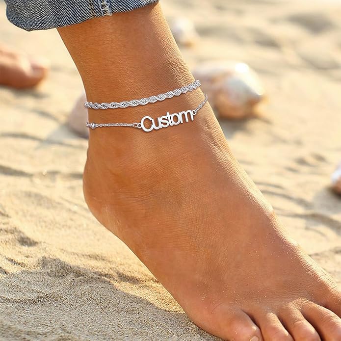 U7 Custom Layered Ankle Bracelets for Women Stainless Steel Bead/Cuban/Figaro/Rope/Wheat Chain Anklet Waterproof Anklet Jewelry for Beach Vacation