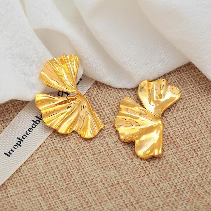 Chunky Gold Statement Earrings For Women Gold Plated Sectored Flower Leaf Shell Angel Wing Earrings Large Stud Earrings Hypoallergenic Earrings