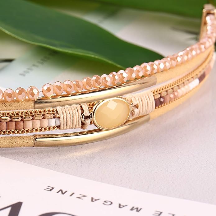 FANCY SHINY Leather Wrap Bracelets Crystal Beads Bracelet Boho Cuff Stone Charm Bracelets with Clasp Costume Jewelry for Women