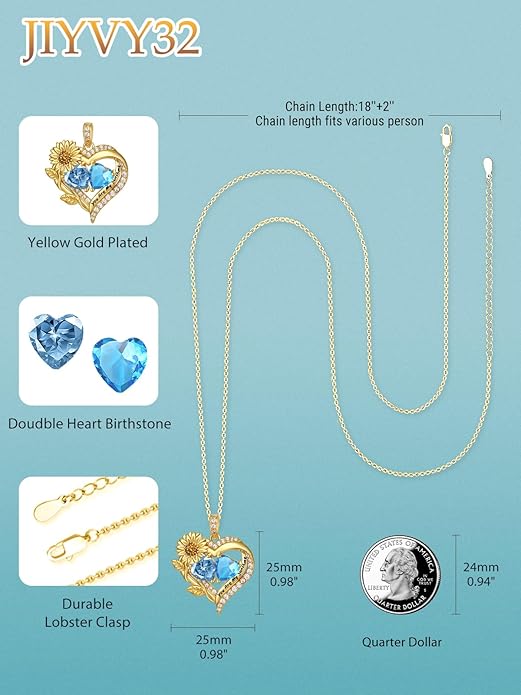 Sunflower Heart Necklace for Women 14K Gold Exquisite Anniversary Birthday Gifts for Wife Mother Her Double Birthstone Pendant jewelry‘You Are My Sunshine’