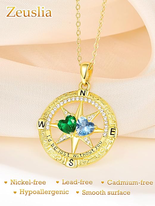 Zeuslia Double Birthstone Necklace Gifts for Wife - 925 Sterling Silver Sunflower/Rose/Crown Cross/Compass/Heart Pendant I Love You Necklace, Anniversary Birthday Gifts for Wife Girlfriend Mom Her
