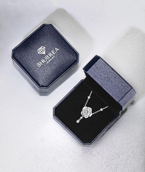 1/14 Carat Diamond Rose Necklace for Women 925 Sterling Silver Rose Flower Pendant Necklaces 18K Gold Plated Fine Jewelry