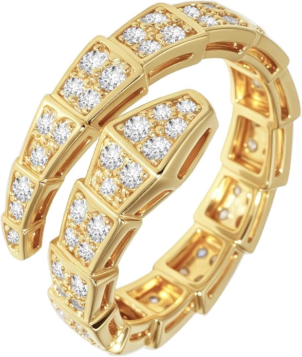 Aura & lrena Adjustable Snake Rings for Wome, 18K Gold or Platinum Plating Open-Ended Ring with AAA Cubic Zirconia Fashion Jewelry, Statement Gift Design Rings for Men and Women Non Tarnish